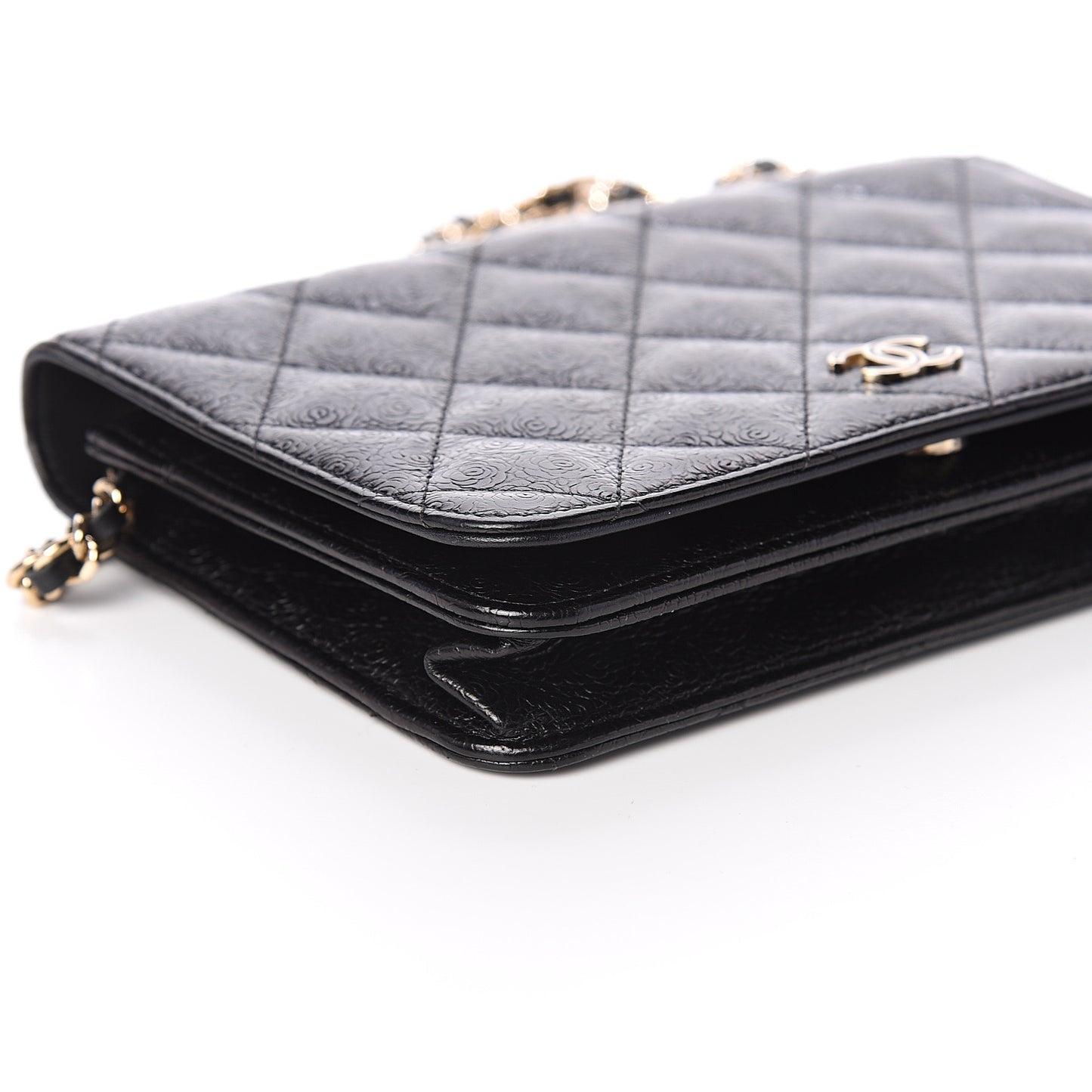 Calfskin Camellia Embossed Wallet on Chain WOC Black