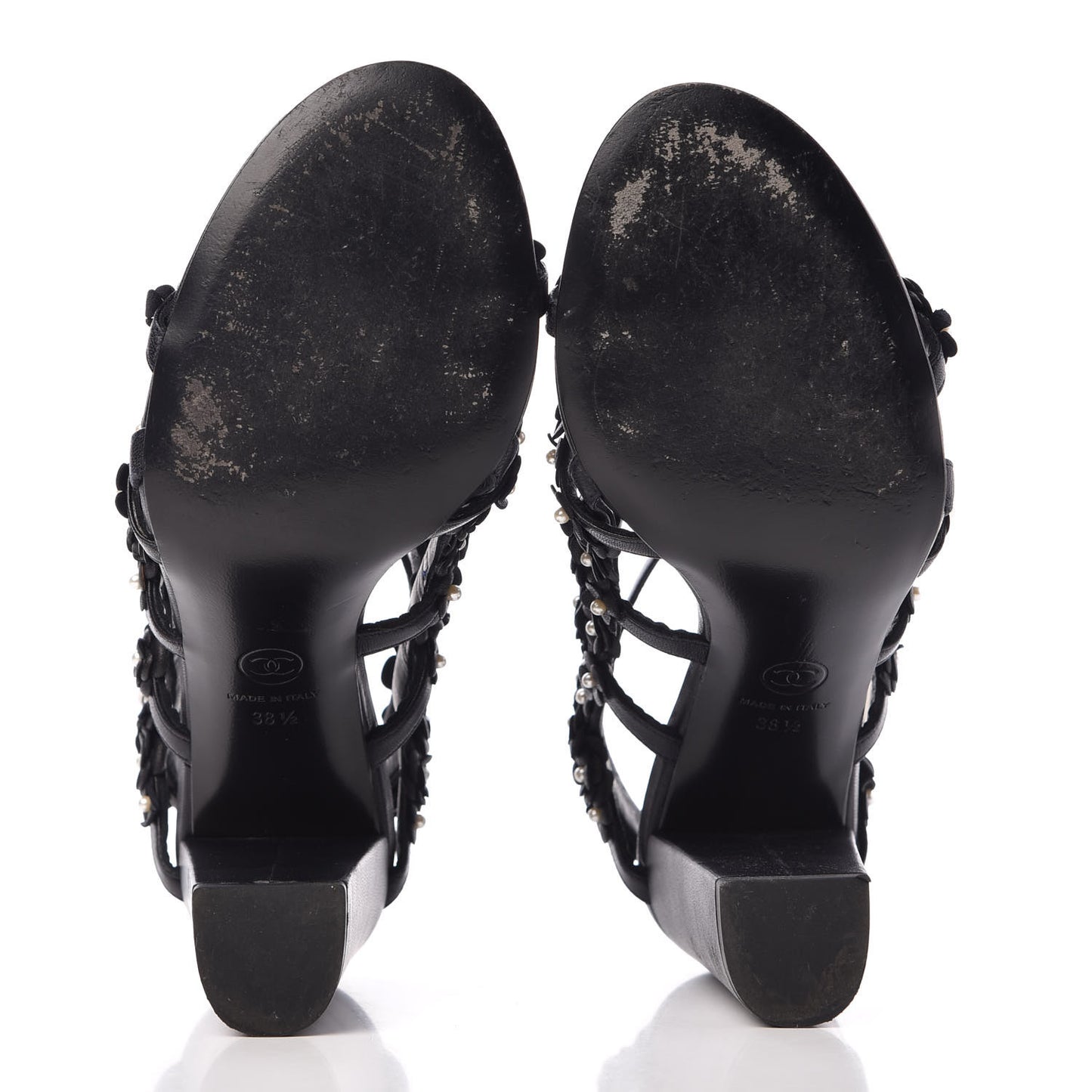 Lambskin Pearl Camellia Sandals 38.5 Dark Navy Blue