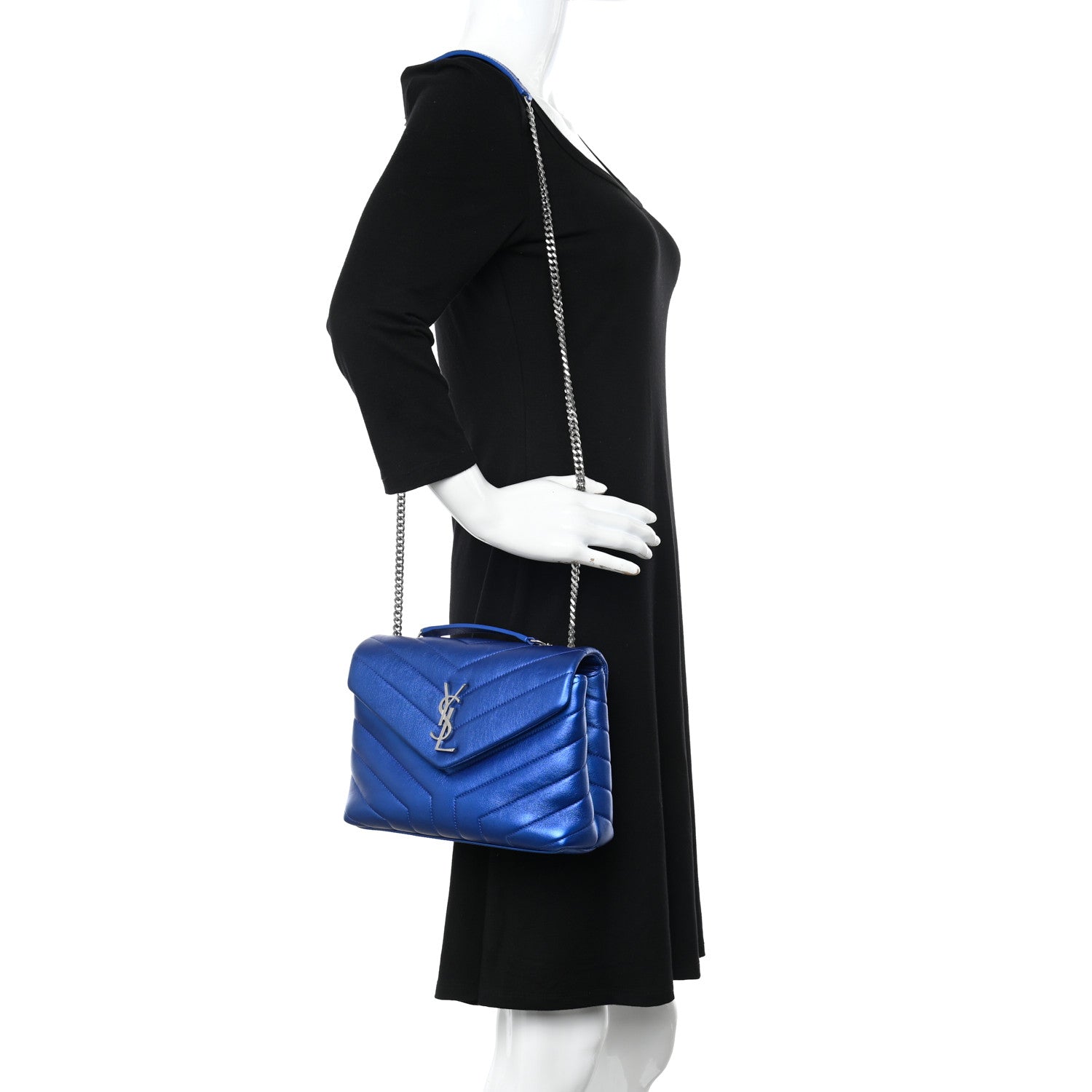 Saint Laurent Metallic Calfskin Y Quilted Monogram Small Loulou Chain Satchel Blue Royal 2 of 9
