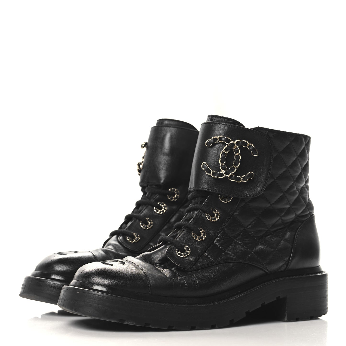 Shiny Calfskin Quilted Lace Up Combat Boots 38.5 Black