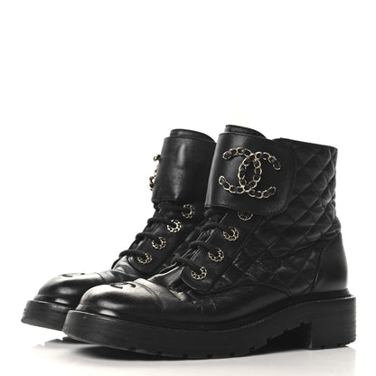 Chanel Shiny Calfskin Quilted Lace Up Combat Boots 38.5 Black 4 of 8