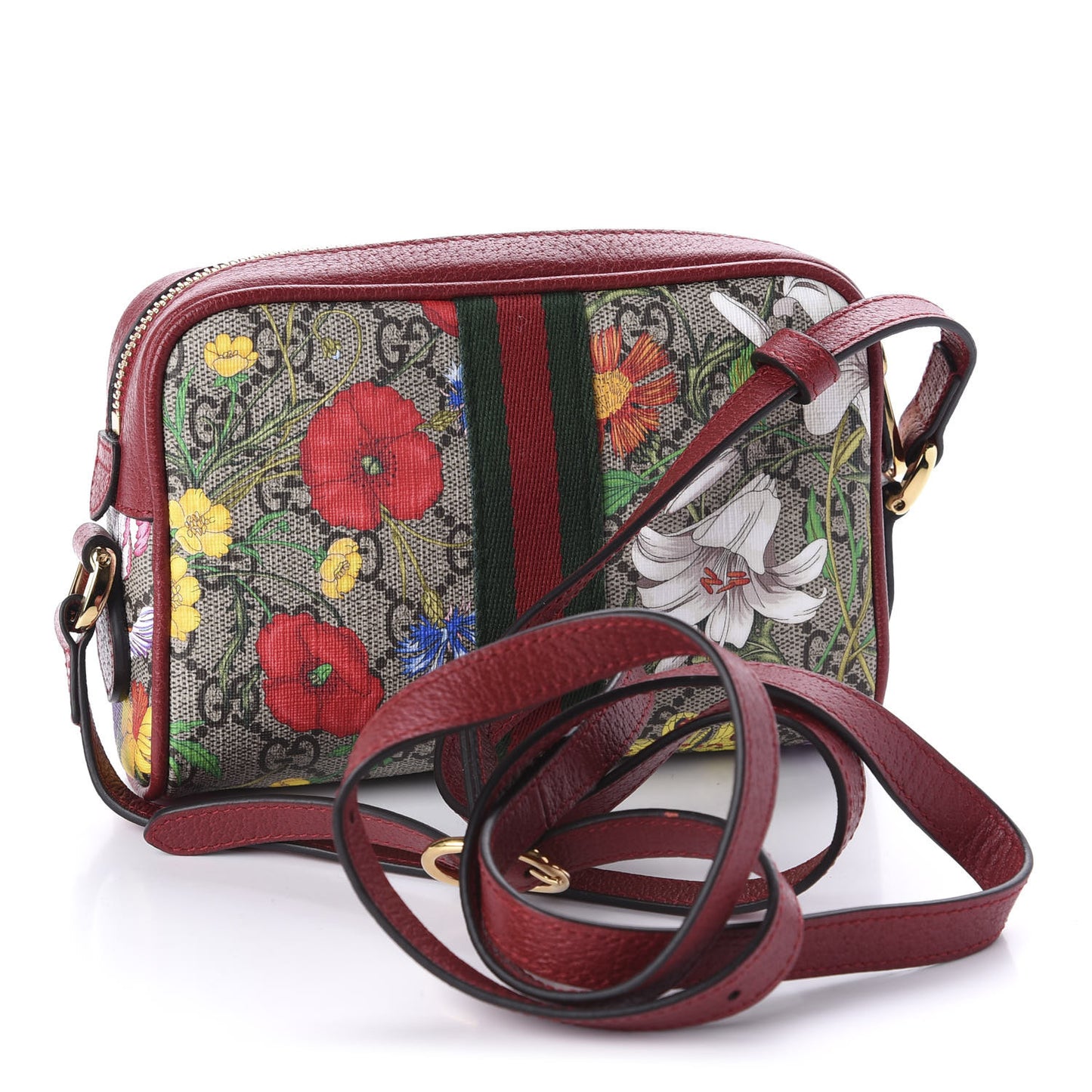 GG Supreme Monogram Flora Web Mini Ophidia Shoulder Bag Red
