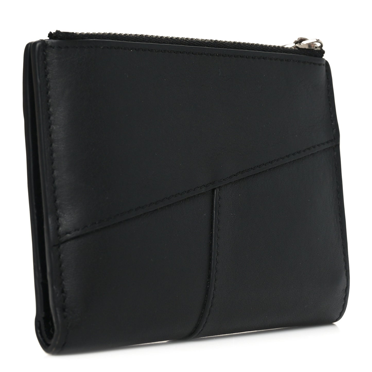 Calfskin Puzzle Zip Slim Compact Bi-Fold Wallet Black