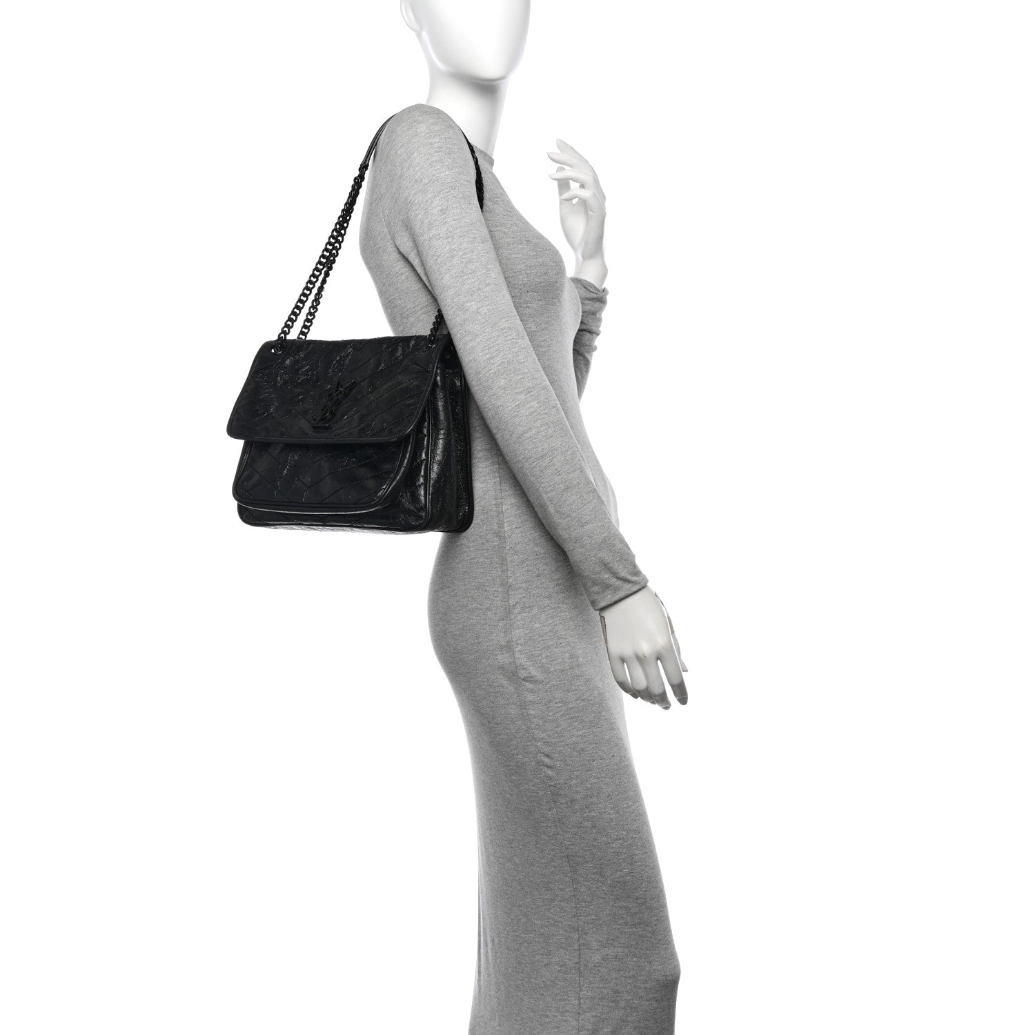 Saint Laurent Crinkled Calfskin Matelasse Monogram Medium Niki Chain Satchel Black 2 of 10