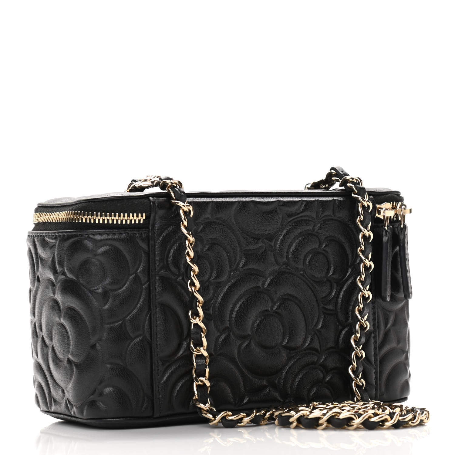 Chanel Lambskin Camellia Embossed Small Vanity Case With Chain Black 3 of 11