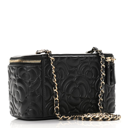 Chanel Lambskin Camellia Embossed Small Vanity Case With Chain Black 3 of 11