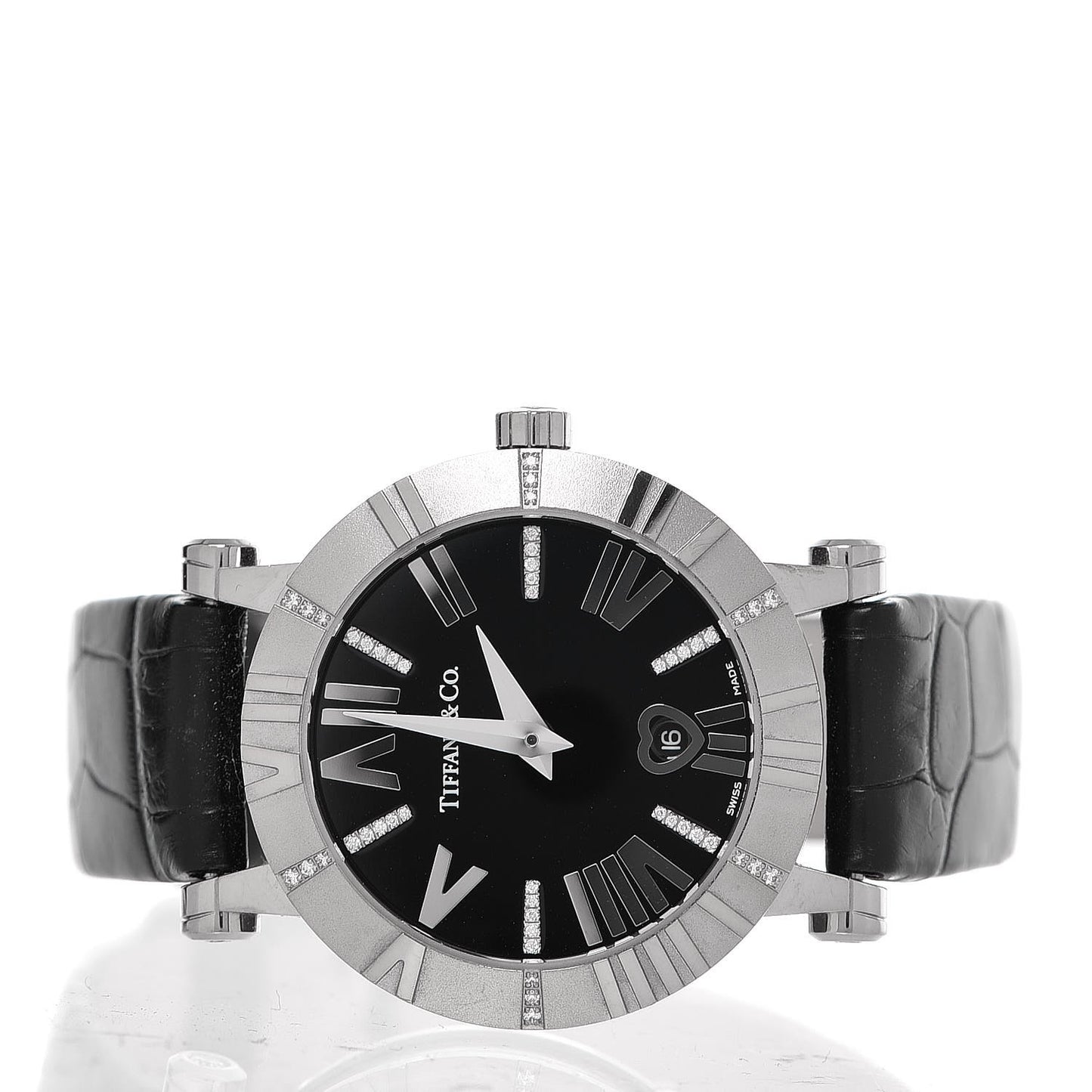 18K White Gold Alligator Diamond 30mm Atlas Quartz Watch Black