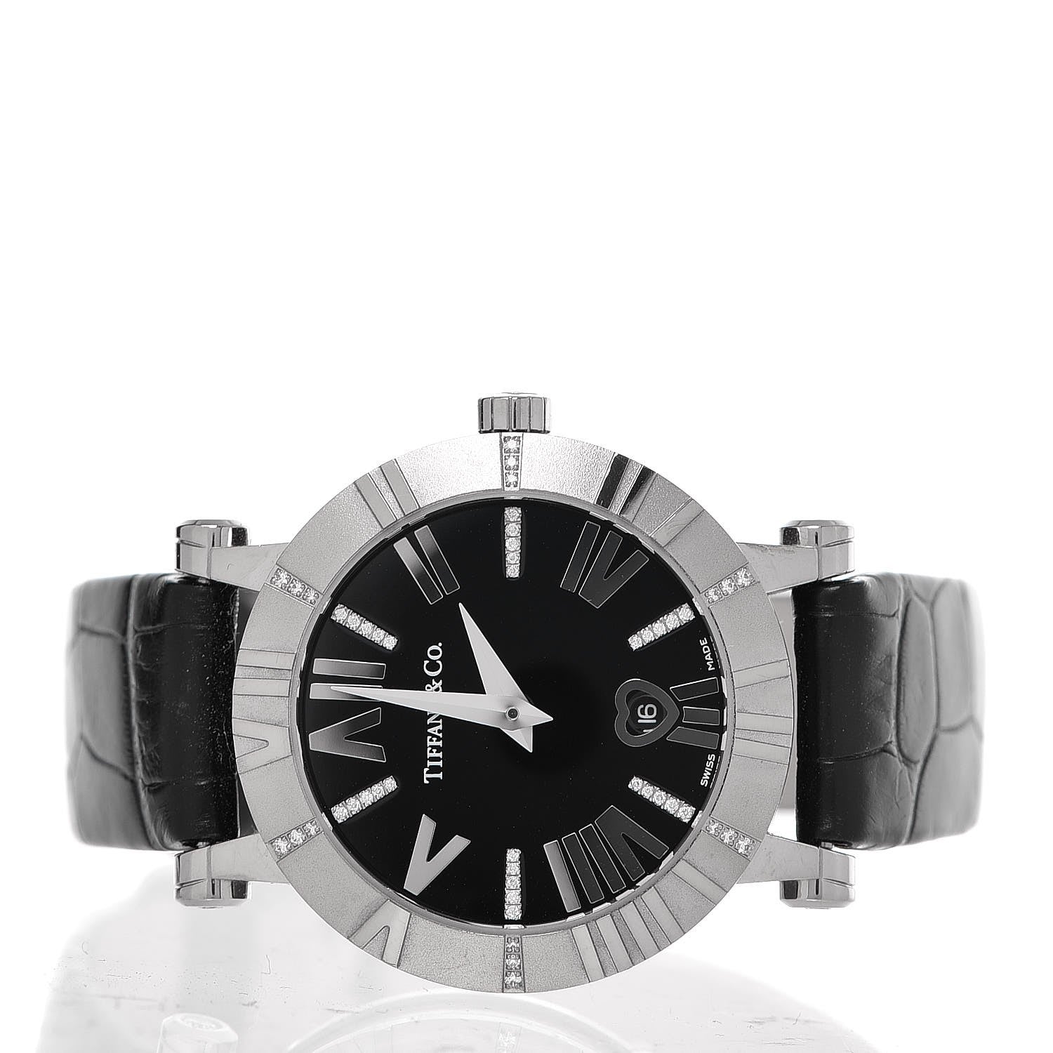Tiffany 18K White Gold Alligator Diamond 30mm Atlas Quartz Watch Black 3 of 8