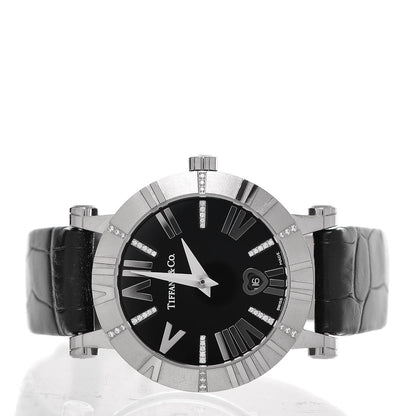 Tiffany 18K White Gold Alligator Diamond 30mm Atlas Quartz Watch Black 3 of 8
