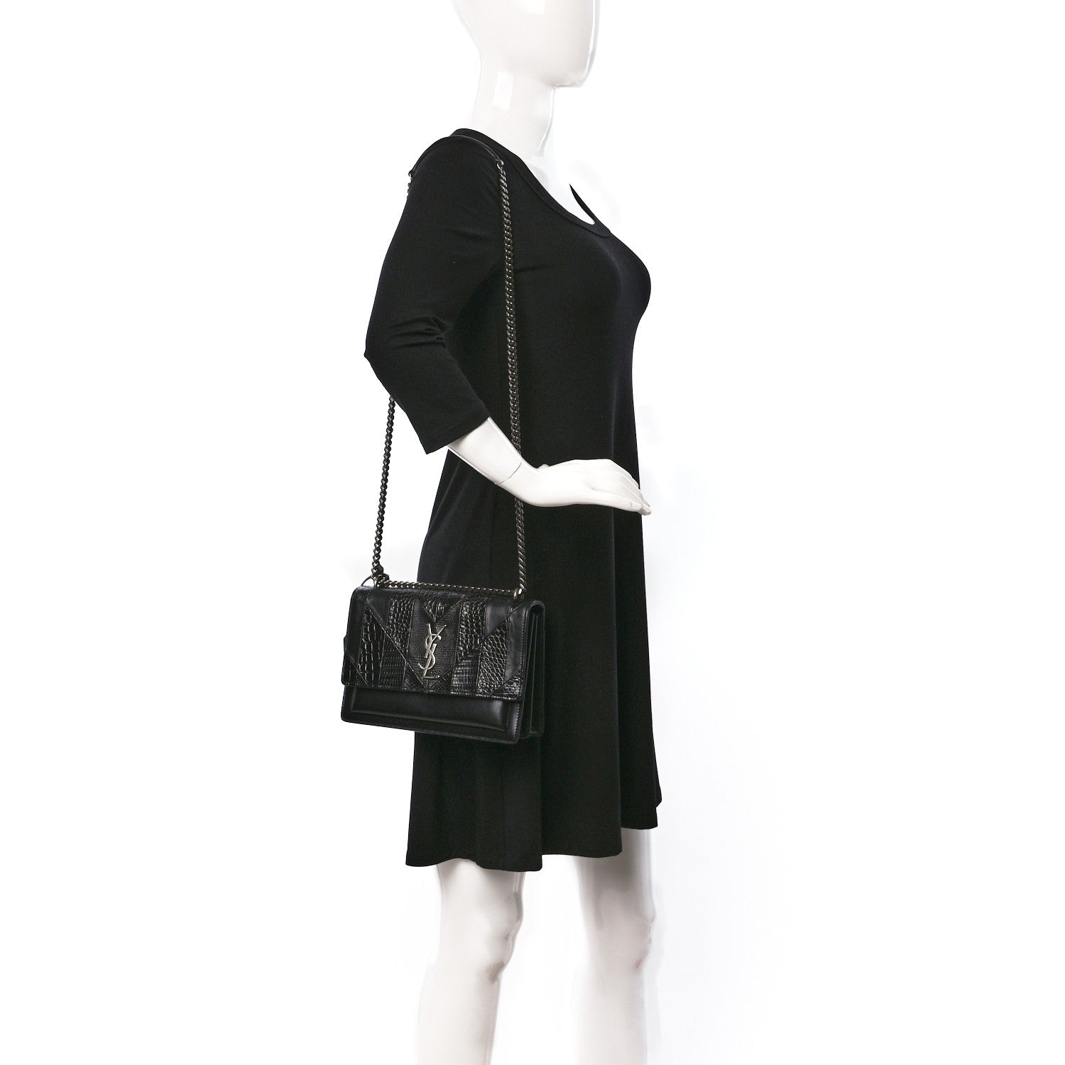Saint Laurent Calfskin Mixed Quilted Crocodile Embossed Medium Monogram Sunset Black 2 of 8