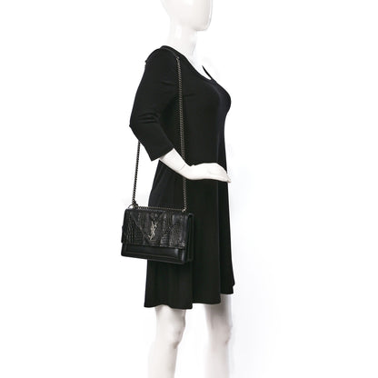 Saint Laurent Calfskin Mixed Quilted Crocodile Embossed Medium Monogram Sunset Black 2 of 8