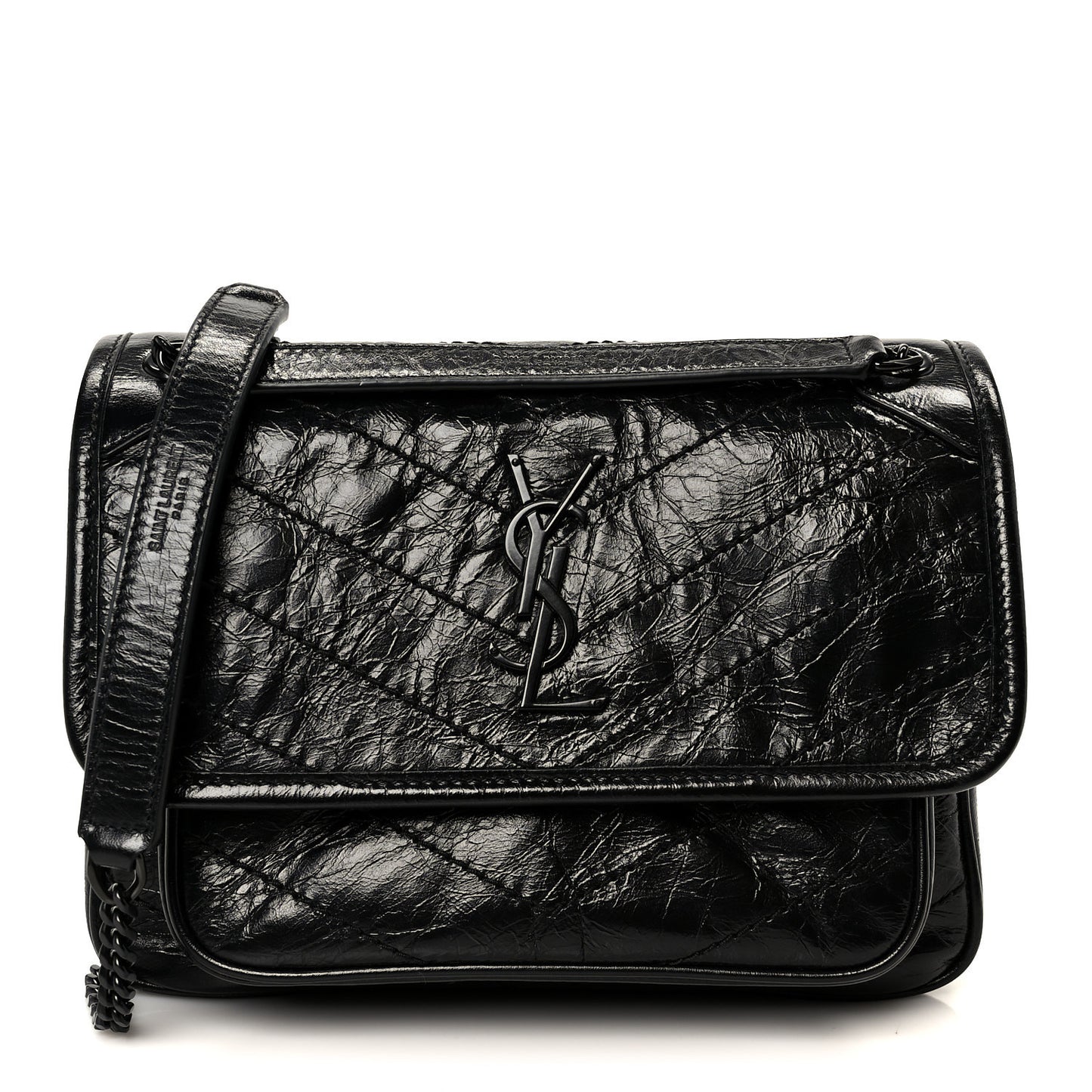 Crinkled Calfskin Matelasse Monogram Baby Niki Chain Satchel Black