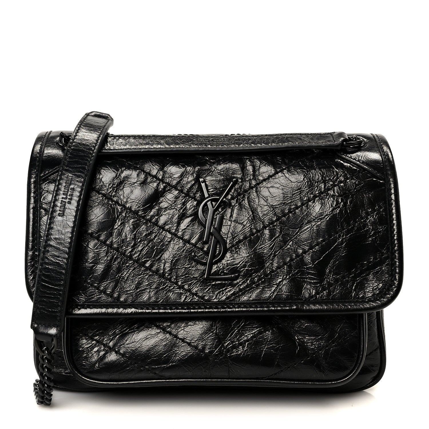 Saint Laurent Crinkled Calfskin Matelasse Monogram Baby Niki Chain Satchel Black 1 of 10