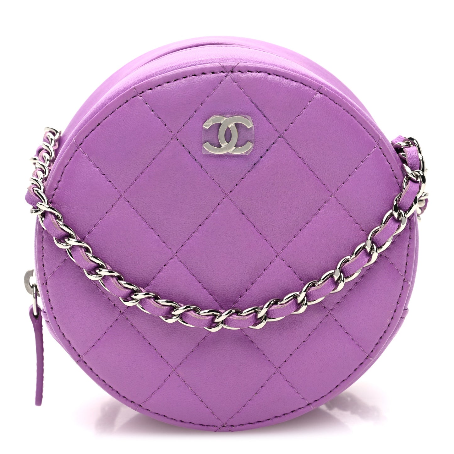 Lambskin Quilted Round Clutch With Chain Purple