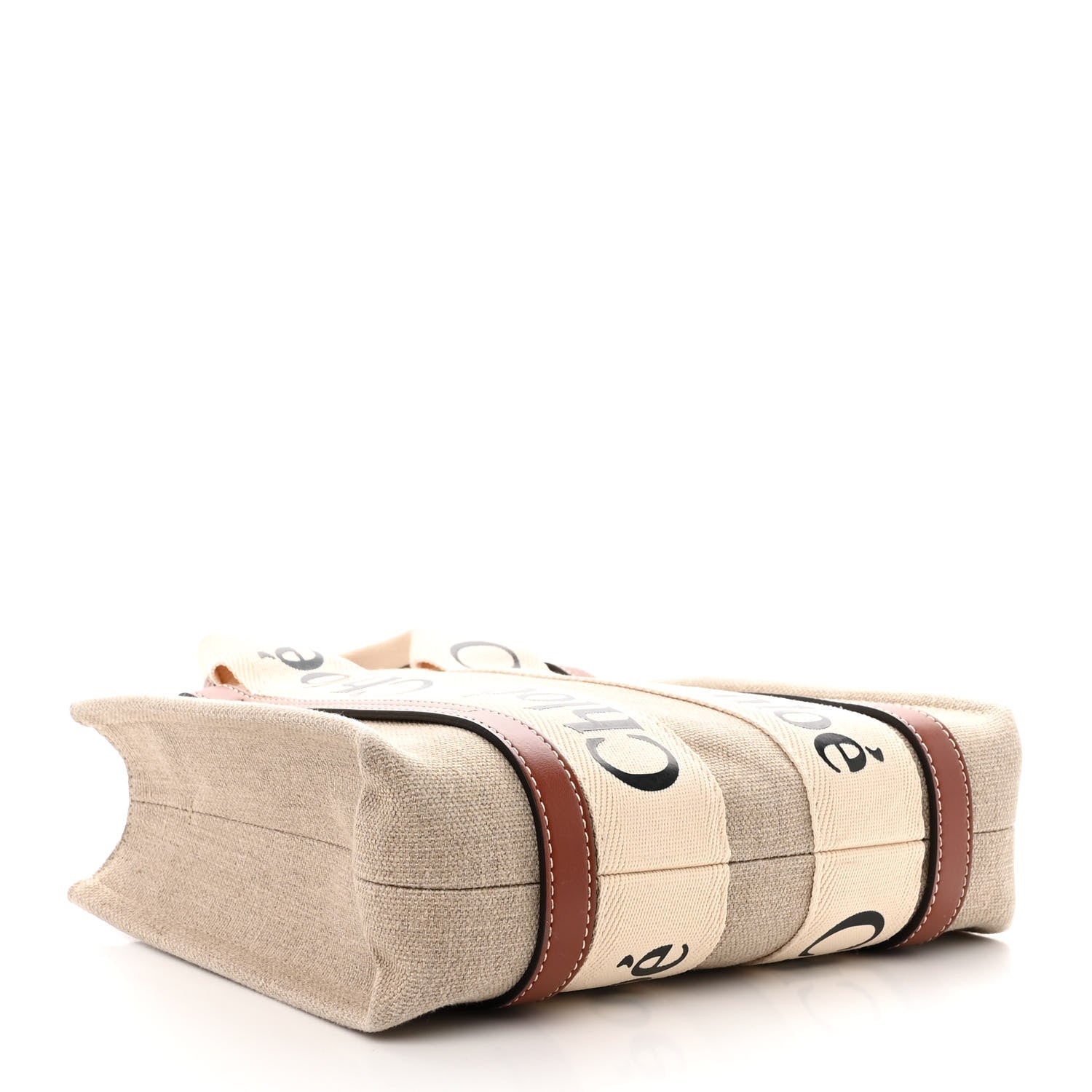 Chloe Linen Calfskin Small Woody Ribbon Tote With Strap White Brown 4 of 10