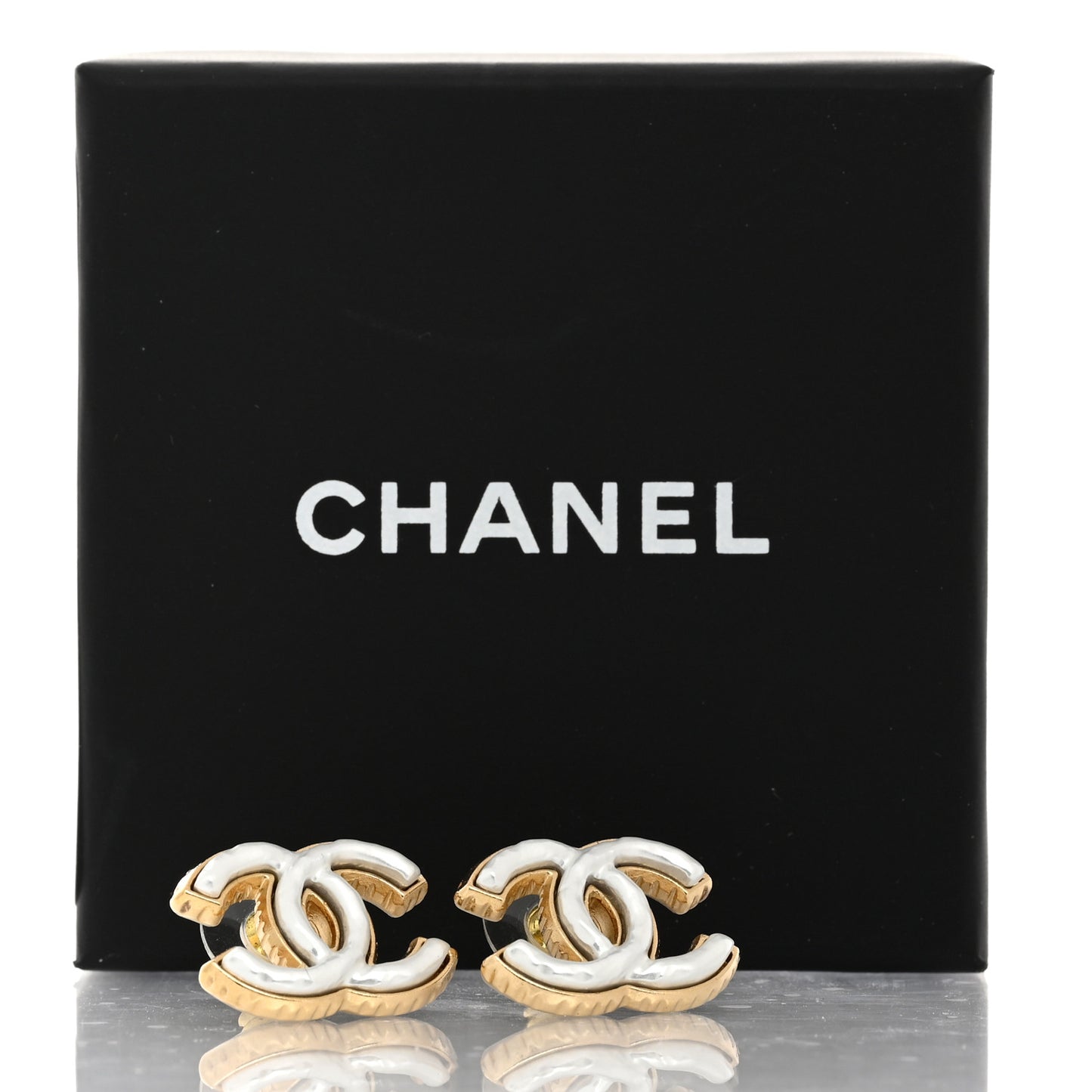 Metal Enamel CC Earrings Gold White