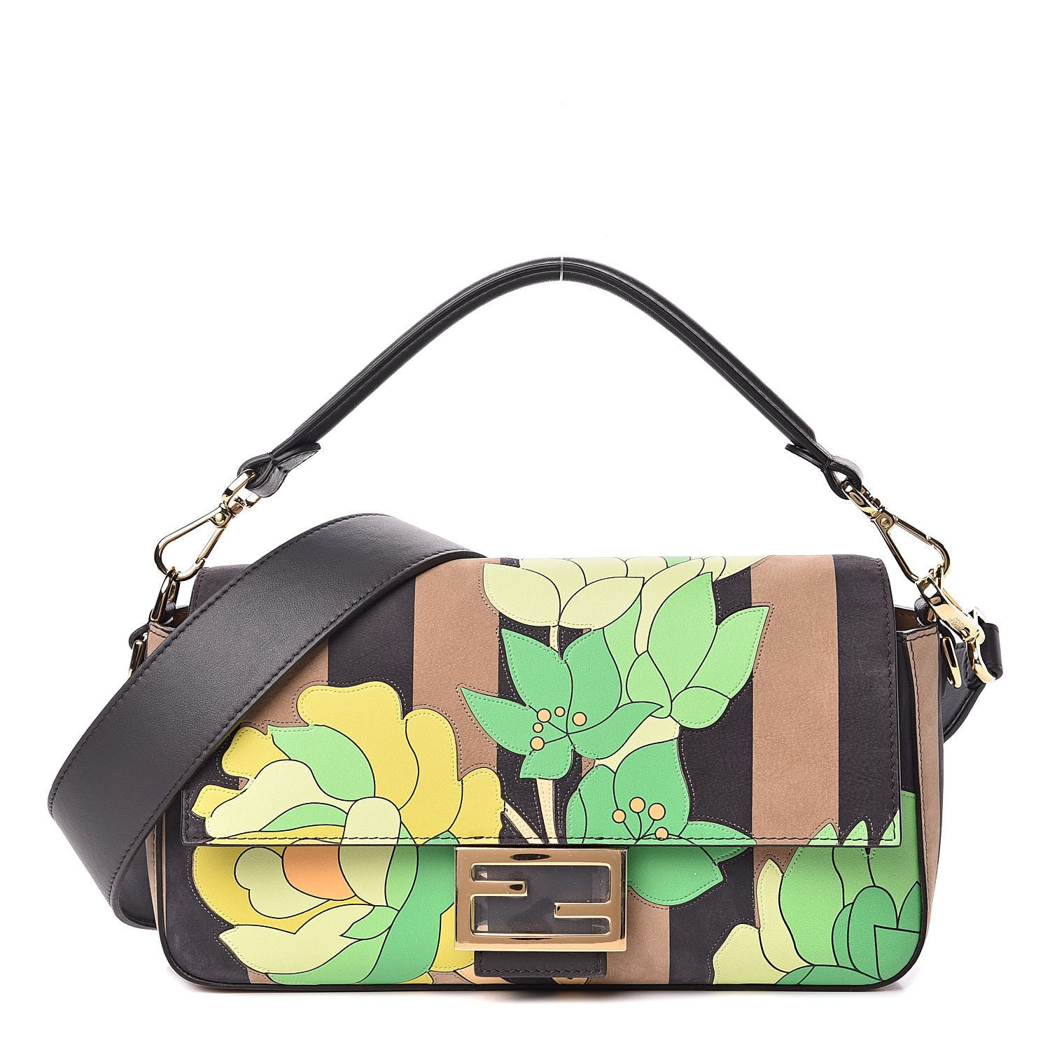 Fendi Nubuck Pequin Floral Print Baguette Tobacco Moro Ebano 1 of 13
