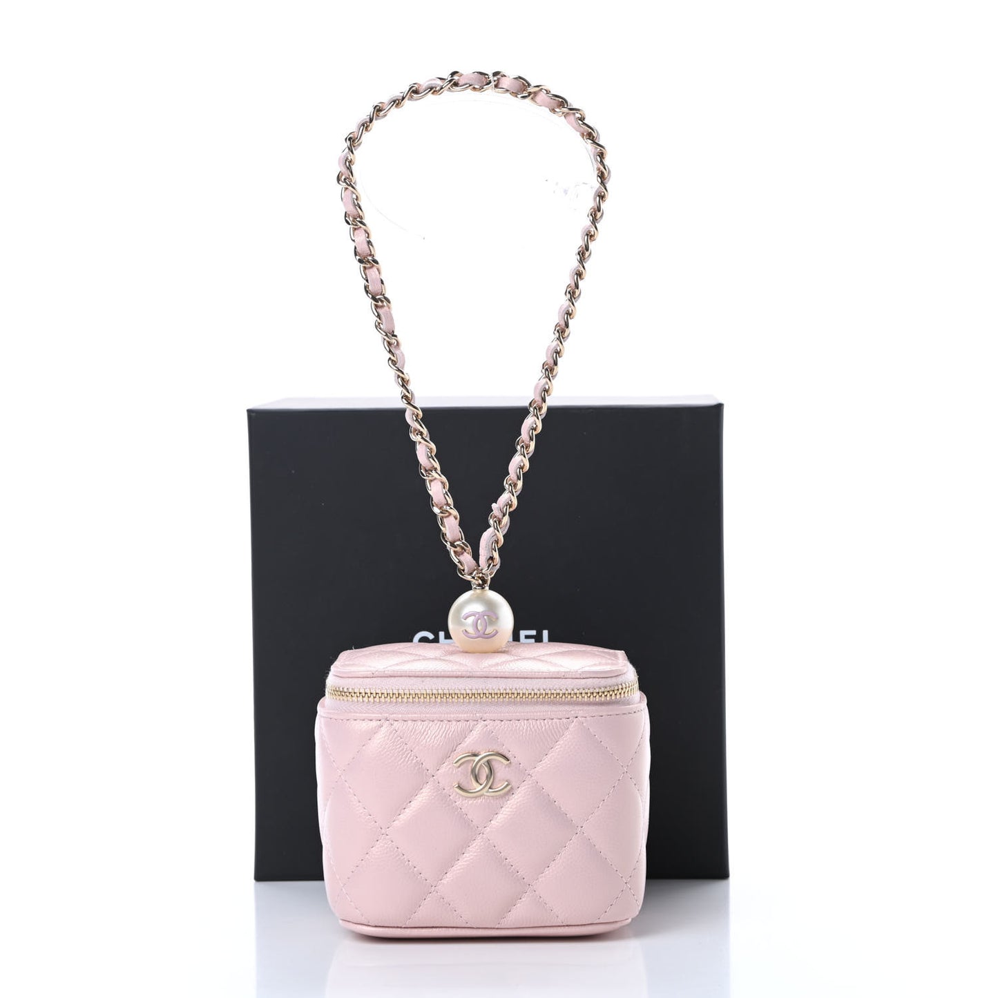 Iridescent Caviar Quilted Mini Pearl On Top Vanity Case With Chain Light Pink