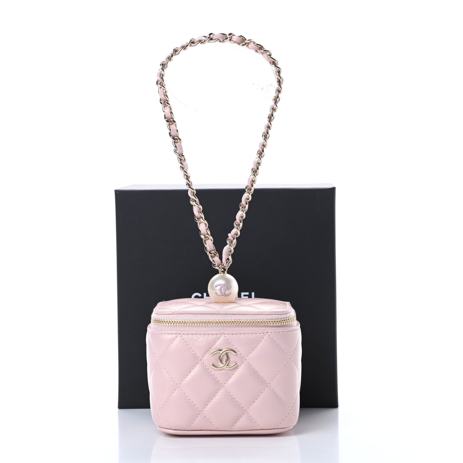 Chanel Iridescent Caviar Quilted Mini Pearl On Top Vanity Case With Chain Light Pink 12 of 12