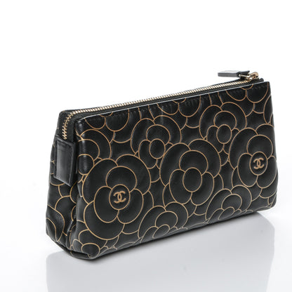 Chanel Lambskin Camellia Embossed Cosmetic Pouch Black Gold 3 of 7