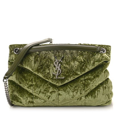 Saint Laurent Crushed Velvet Quilted Small Loulou Puffer Monogram Chain Satchel Green 1 of 8