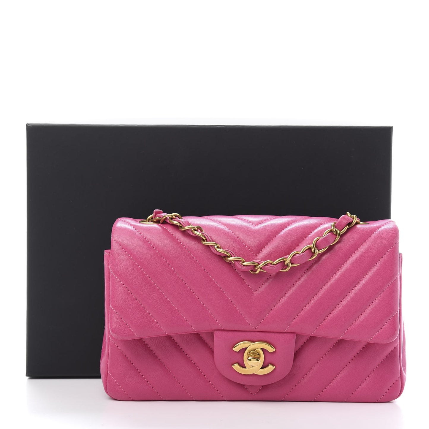 Lambskin Chevron Quilted Mini Rectangular Flap Fuchsia