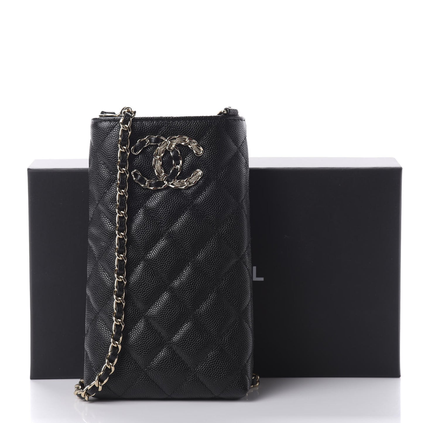 Caviar Quilted French New Wave Phone Holder With Chain Black