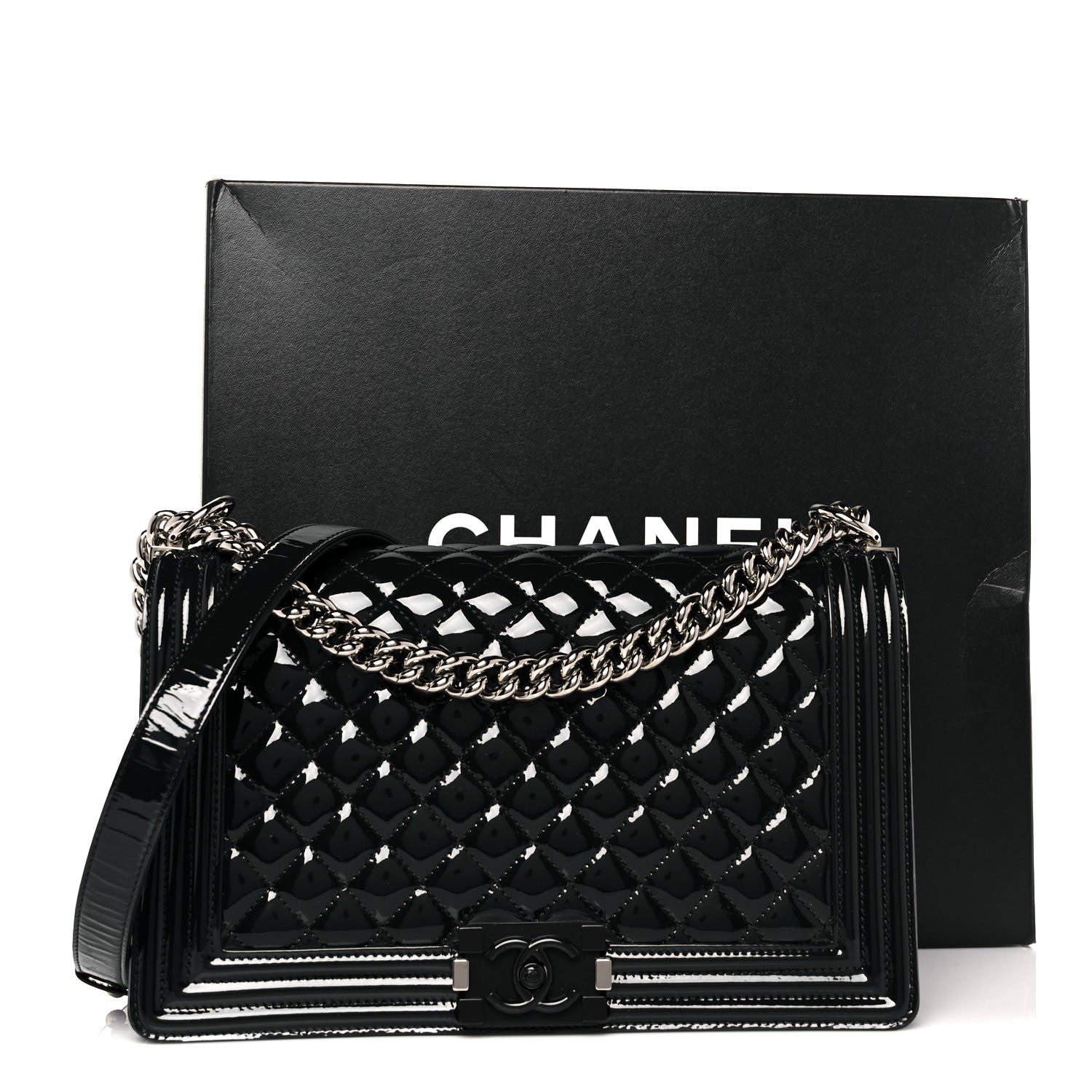 Chanel Patent Calfskin Quilted New Medium Plexiglass Boy Flap Navy Blue 9 of 10