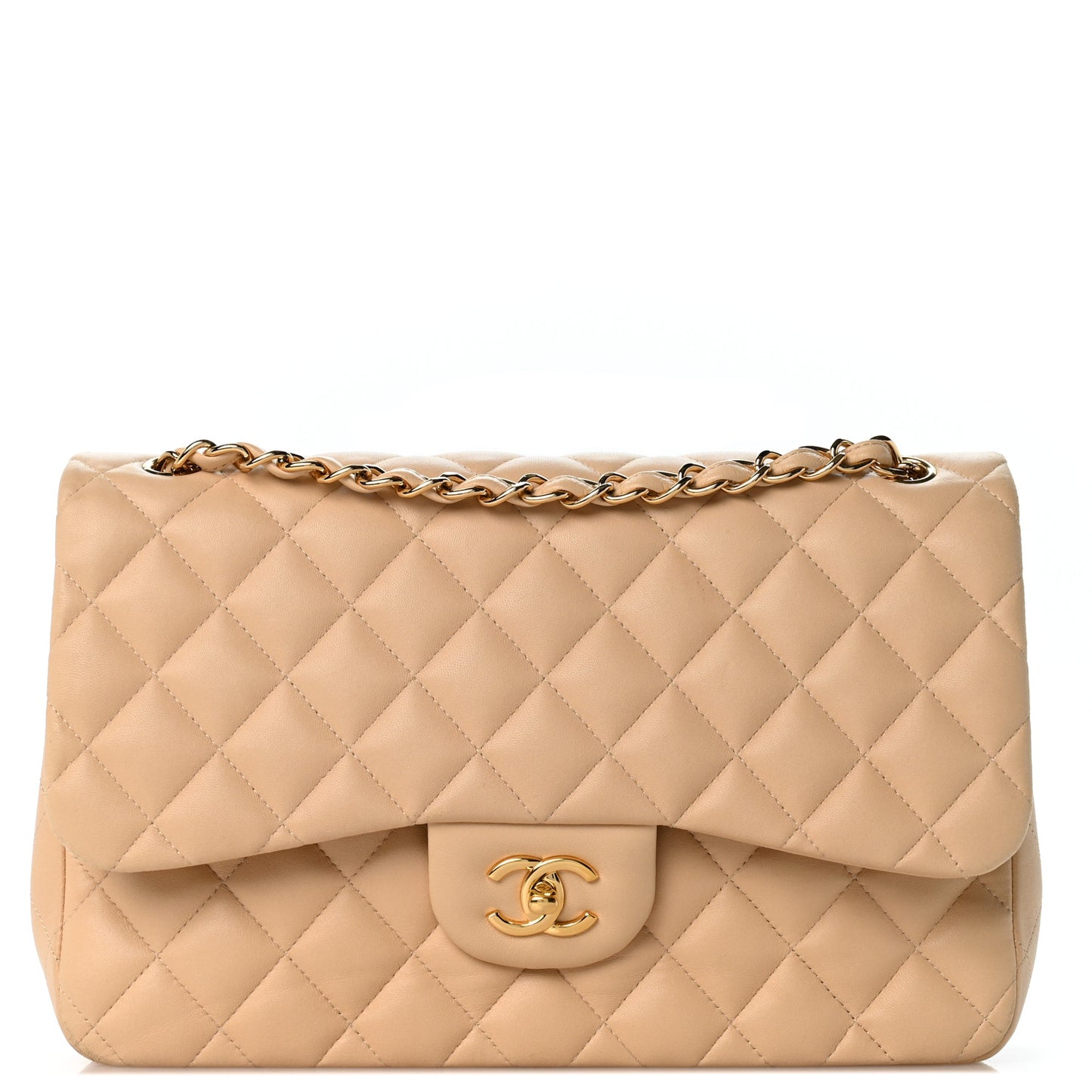 Lambskin Quilted Jumbo Double Flap Light Beige