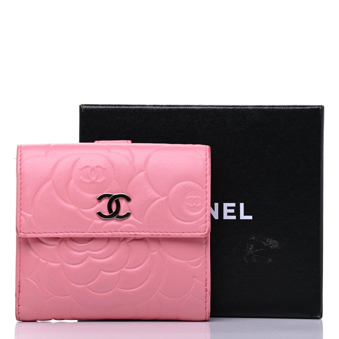 Lambskin Embossed Camellia French Wallet Pink