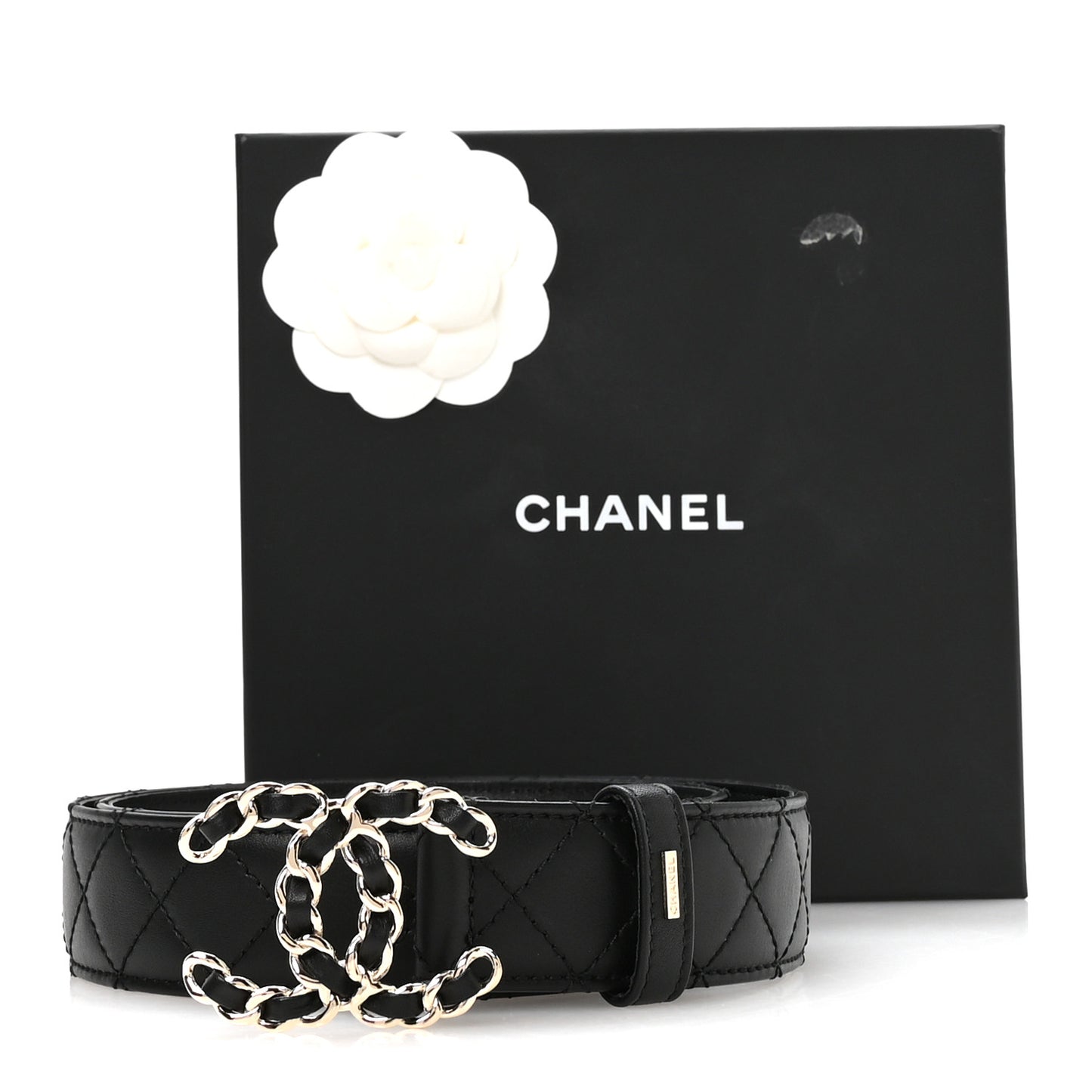 Calfskin Quilted CC Chain Belt 80 32 Black