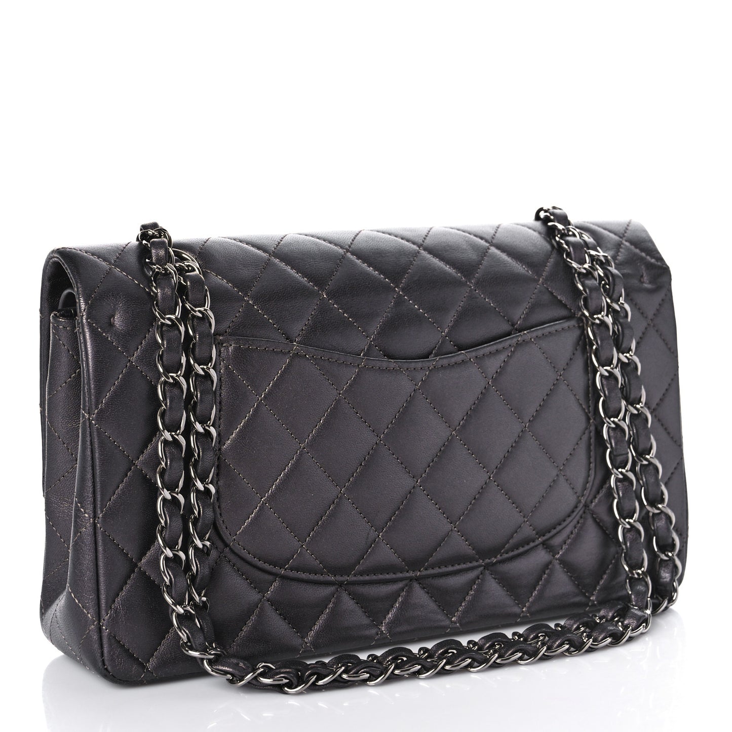 Metallic Lambskin Quilted Medium Double Flap Pewter