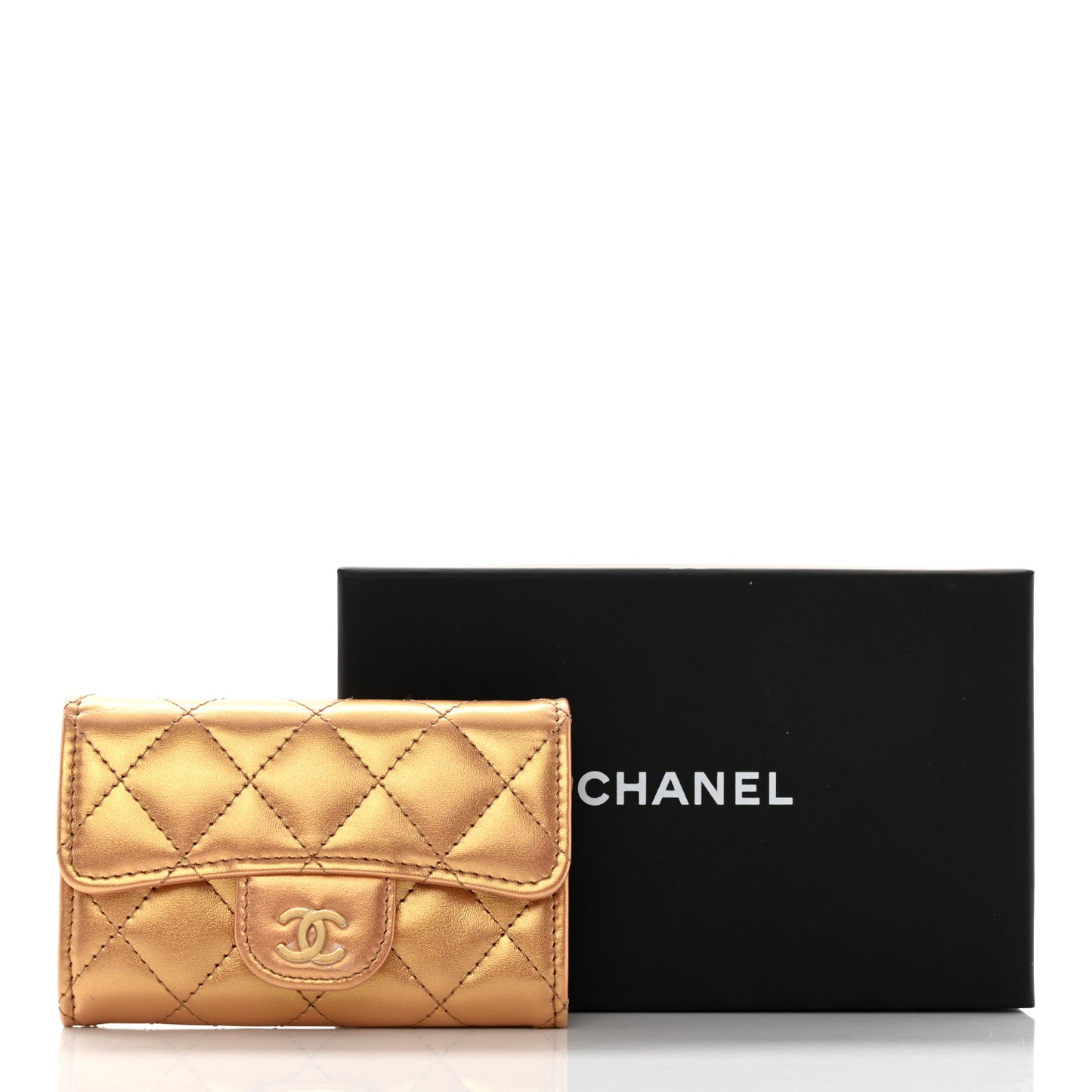 Metallic Lambskin Quilted Flap Card Holder Wallet Golden