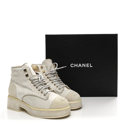 Chanel Suede Pony Hair Shearling Lace Up Combat Boots 37.5 White Black 11 of 11