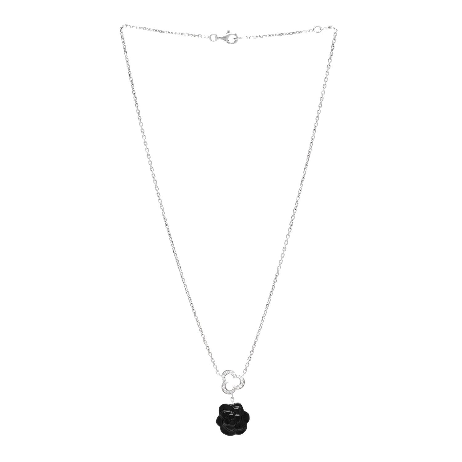 Chanel 18K White Gold Diamond Black Onyx Camelia Sculpte Drop Pendant Necklace 3 of 5