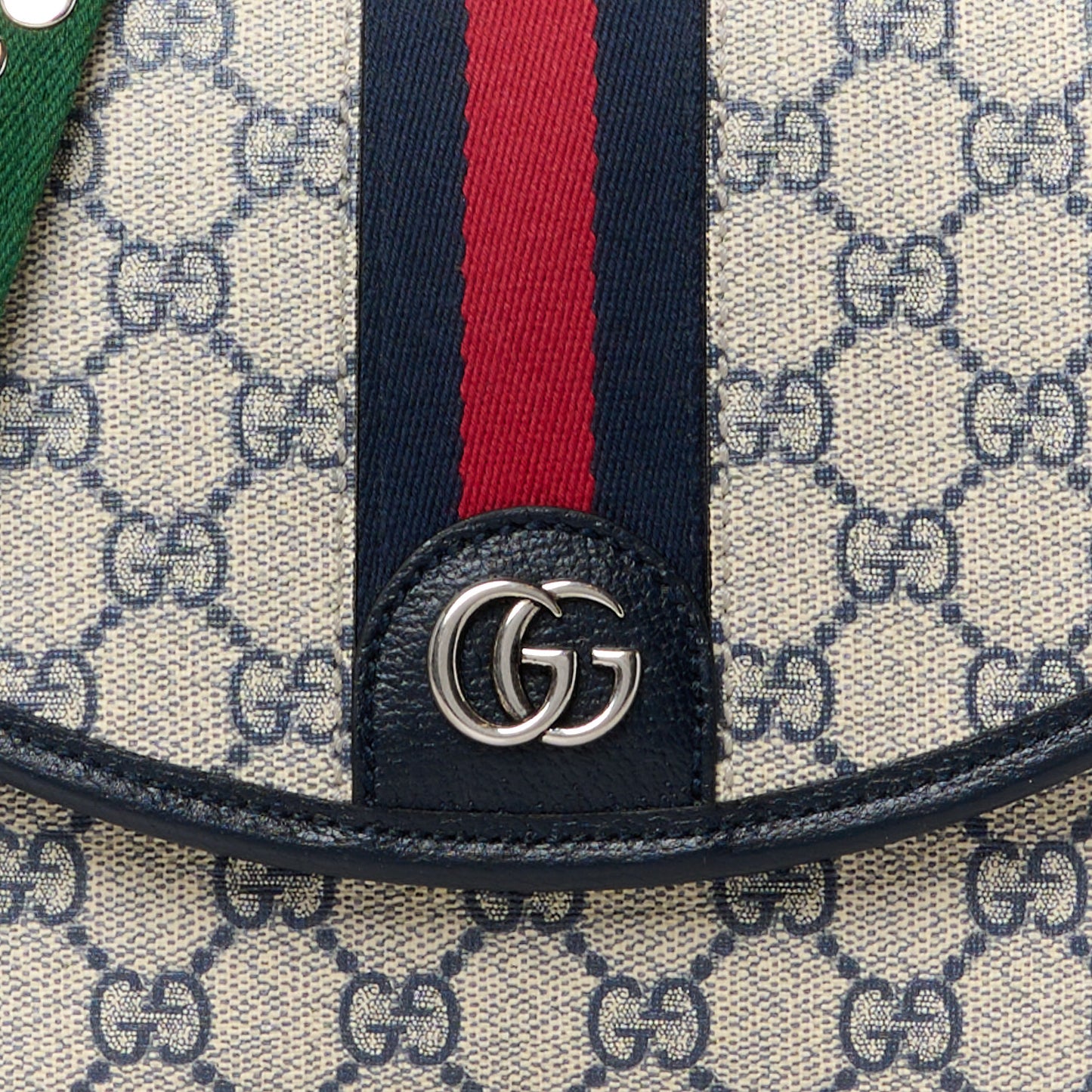 GG Supreme Monogram Textured Dollar Calfskin Web Studded Mini Ophidia Flap Shoulder Bag Beige Blue