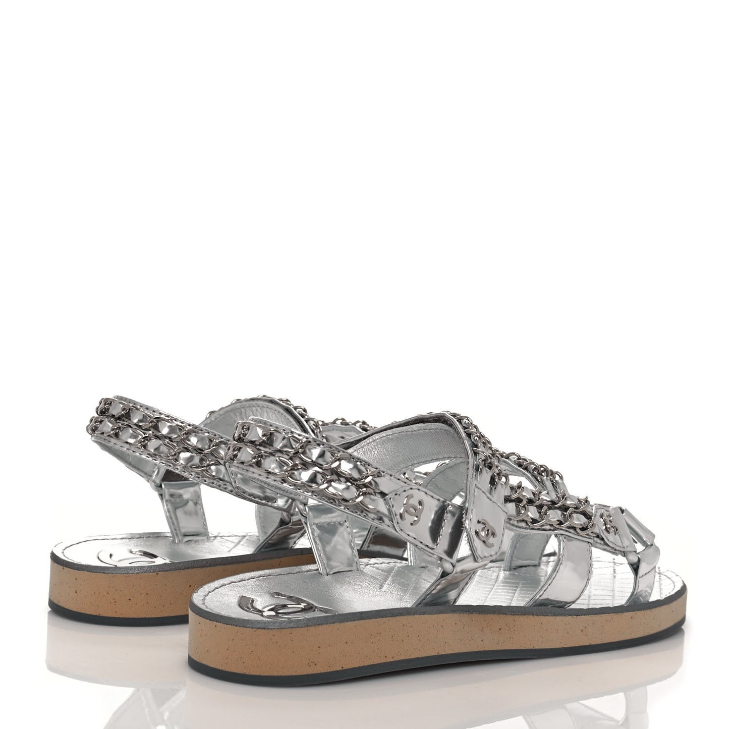 Metallic Laminated Goatskin Chain Flat Sandals 39 Silver