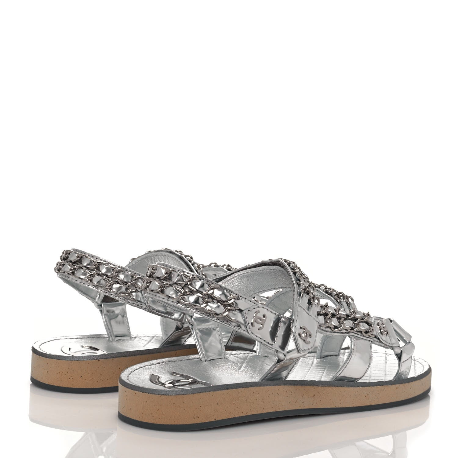 Chanel Metallic Laminated Goatskin Chain Flat Sandals 39 Silver 4 of 9