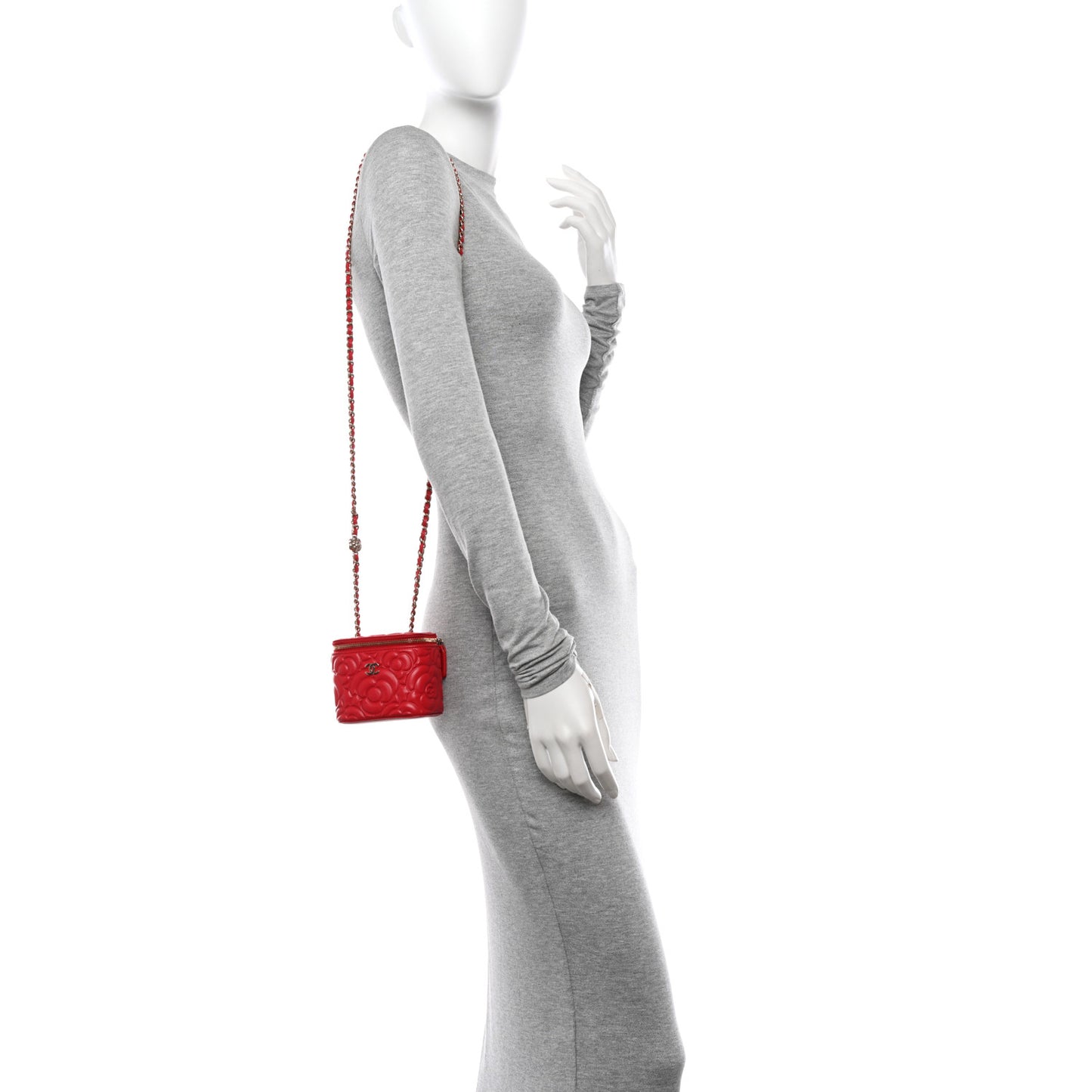 Lambskin Camellia Embossed Mini Vanity Case With Chain Red