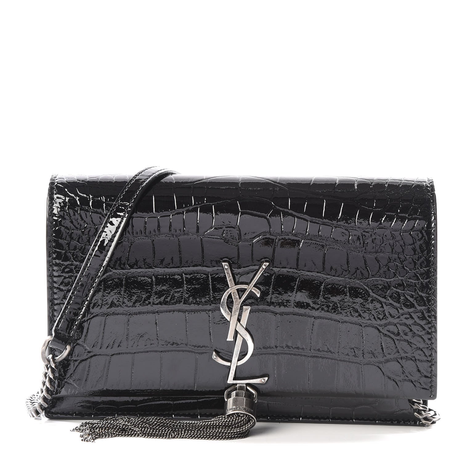 Saint Laurent Calfskin Crocodile Embossed Kate Monogram Tassel Chain Wallet Black 1 of 10