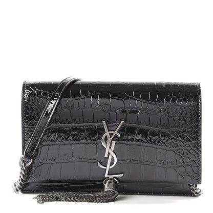 Saint Laurent Calfskin Crocodile Embossed Kate Monogram Tassel Chain Wallet Black 1 of 10