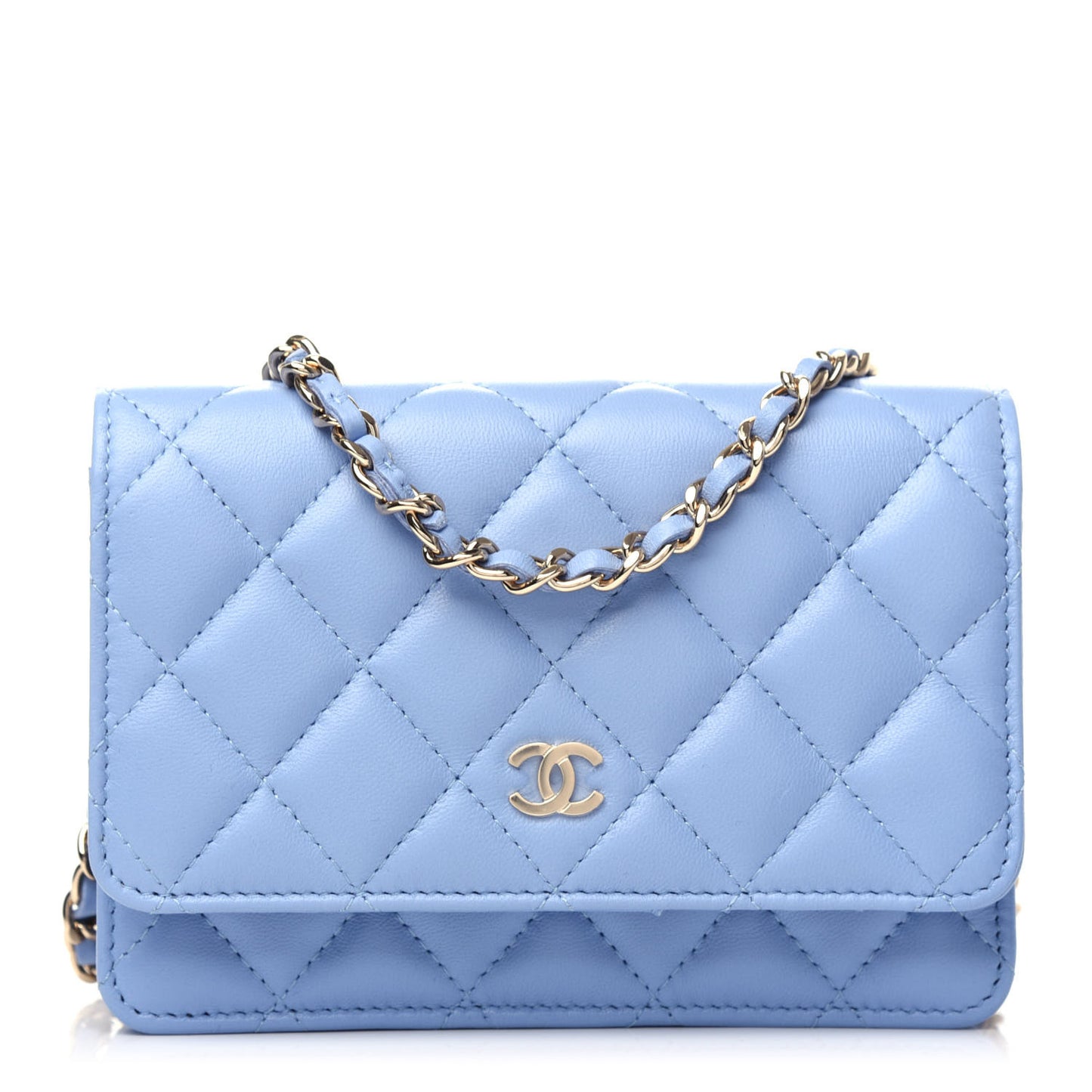Lambskin Quilted Mini Wallet On Chain WOC Light Blue