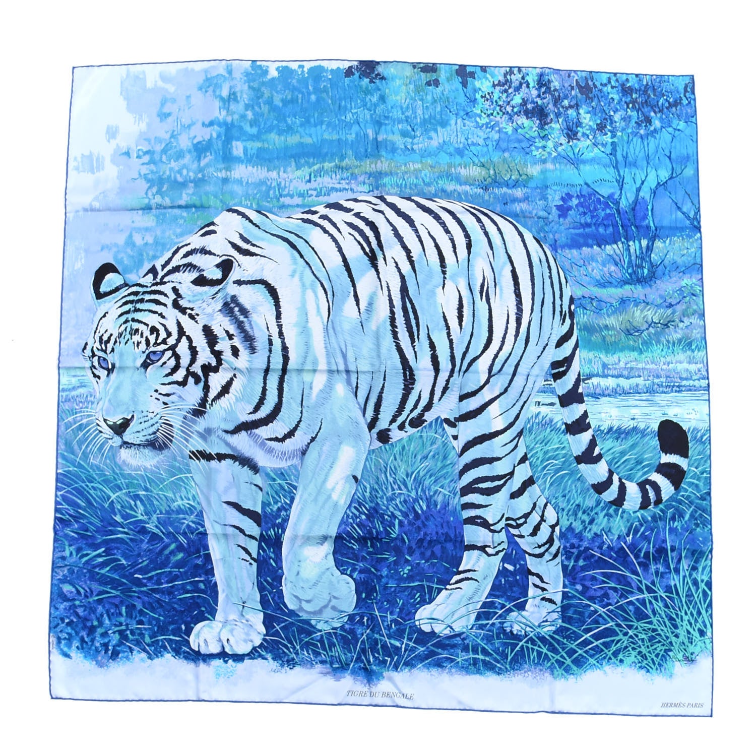 Hermes Silk Tigre Du Bengale Scarf 90 Bleu Dur Ciel Turquoise Bleu 1 of 4