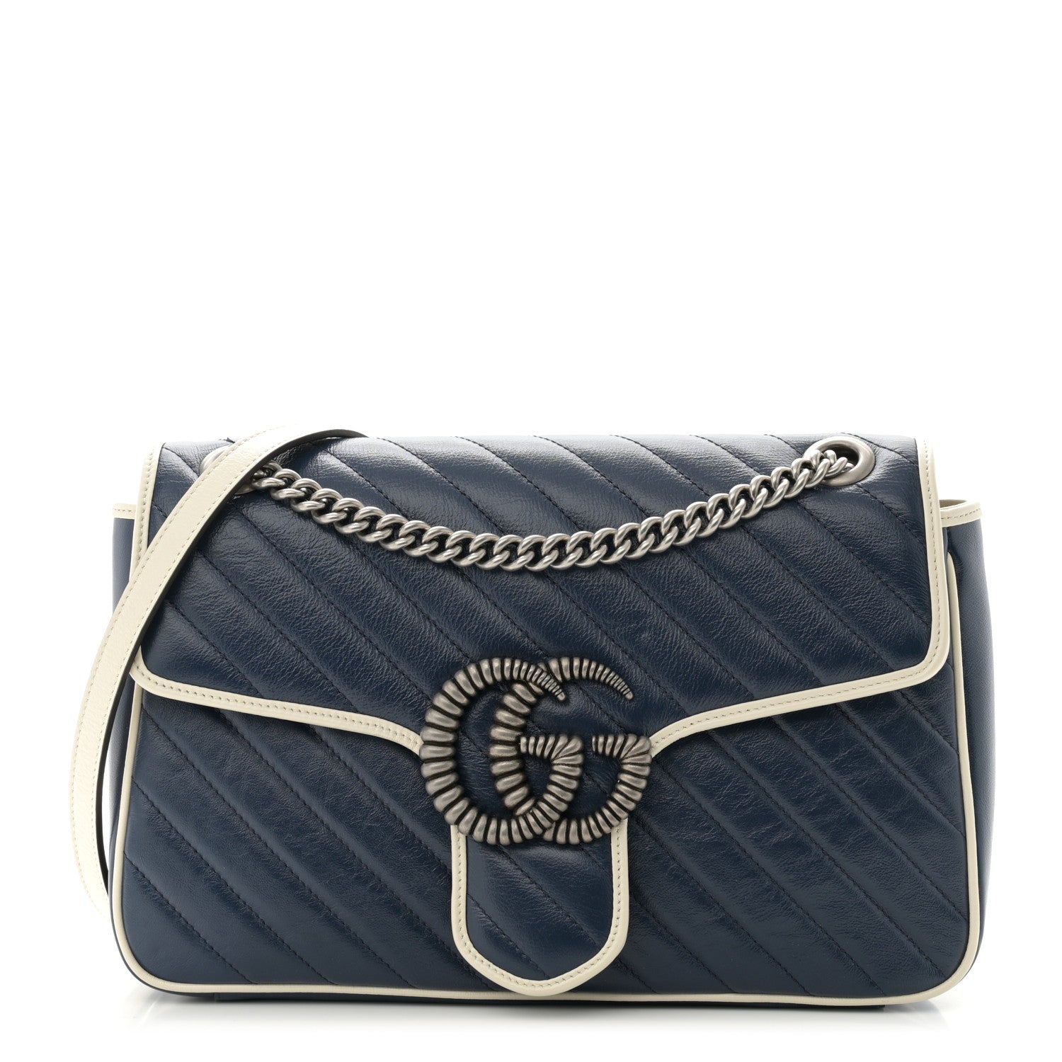 Gucci Vintage Effect Calfskin Matelasse Diagonal Medium Torchon GG Marmont Shoulder Bag Blue Agata Mystic White 1 of 10