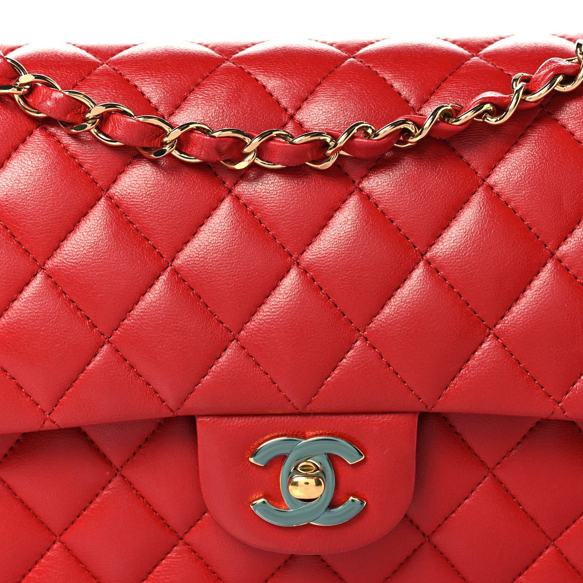 Lambskin Quilted Medium Double Flap Red
