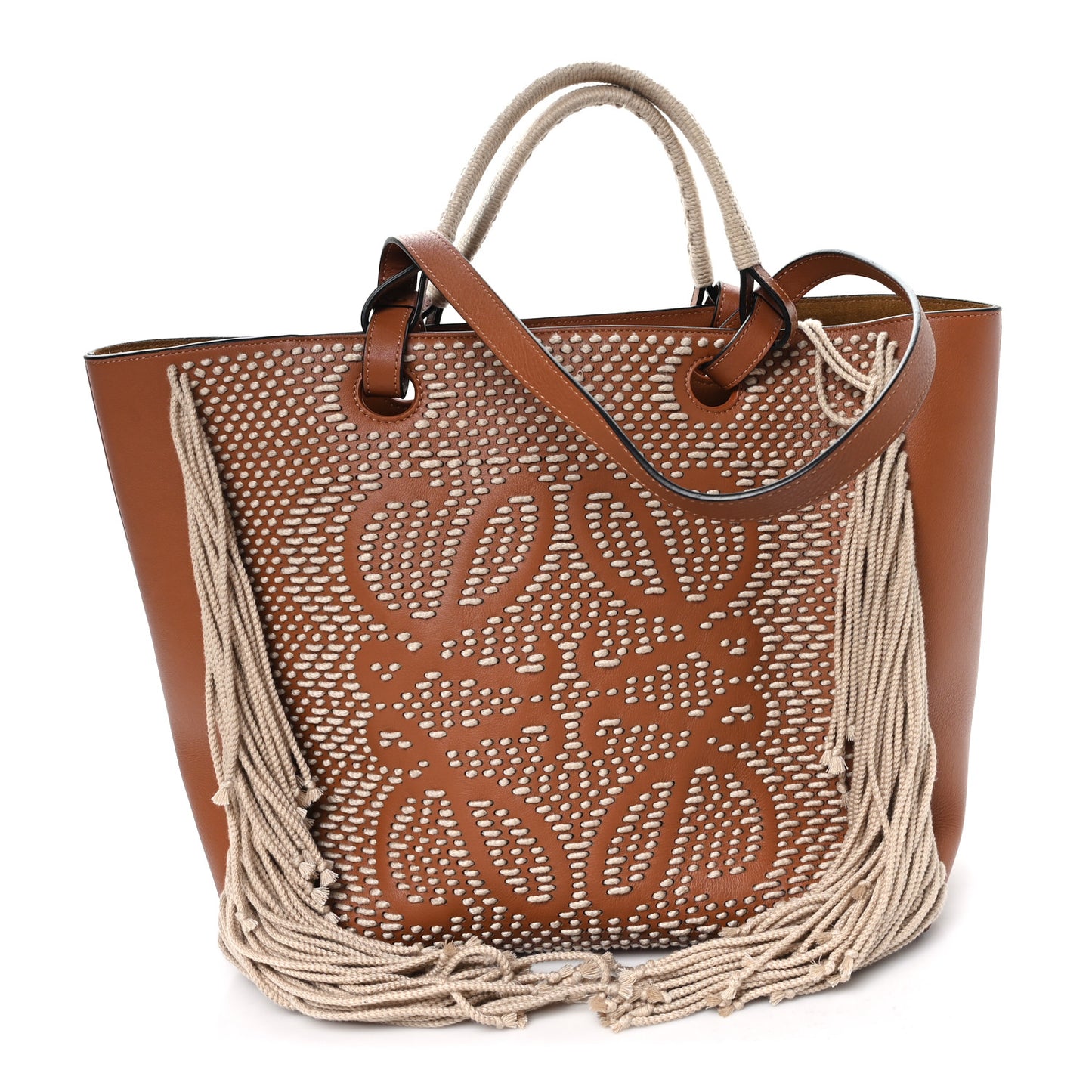 Smooth Calfskin Anagram Fringe Tote Tan
