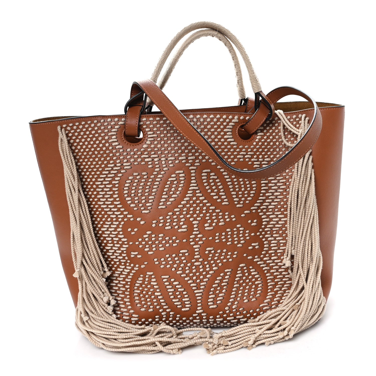 Loewe Smooth Calfskin Anagram Fringe Tote Tan 1 of 9