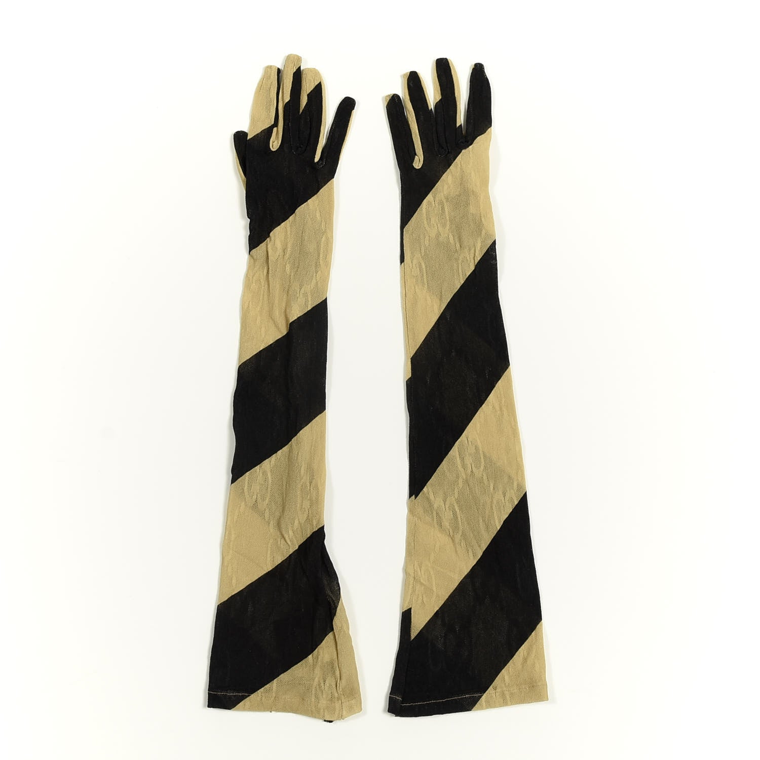 Gucci GG Monogram Lace Striped Gloves 7.5 Black Beige 2 of 3