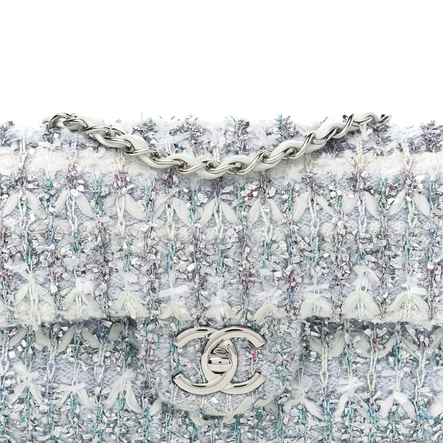 Tweed Quilted Mini Rectangular Flap Light Green Silver White