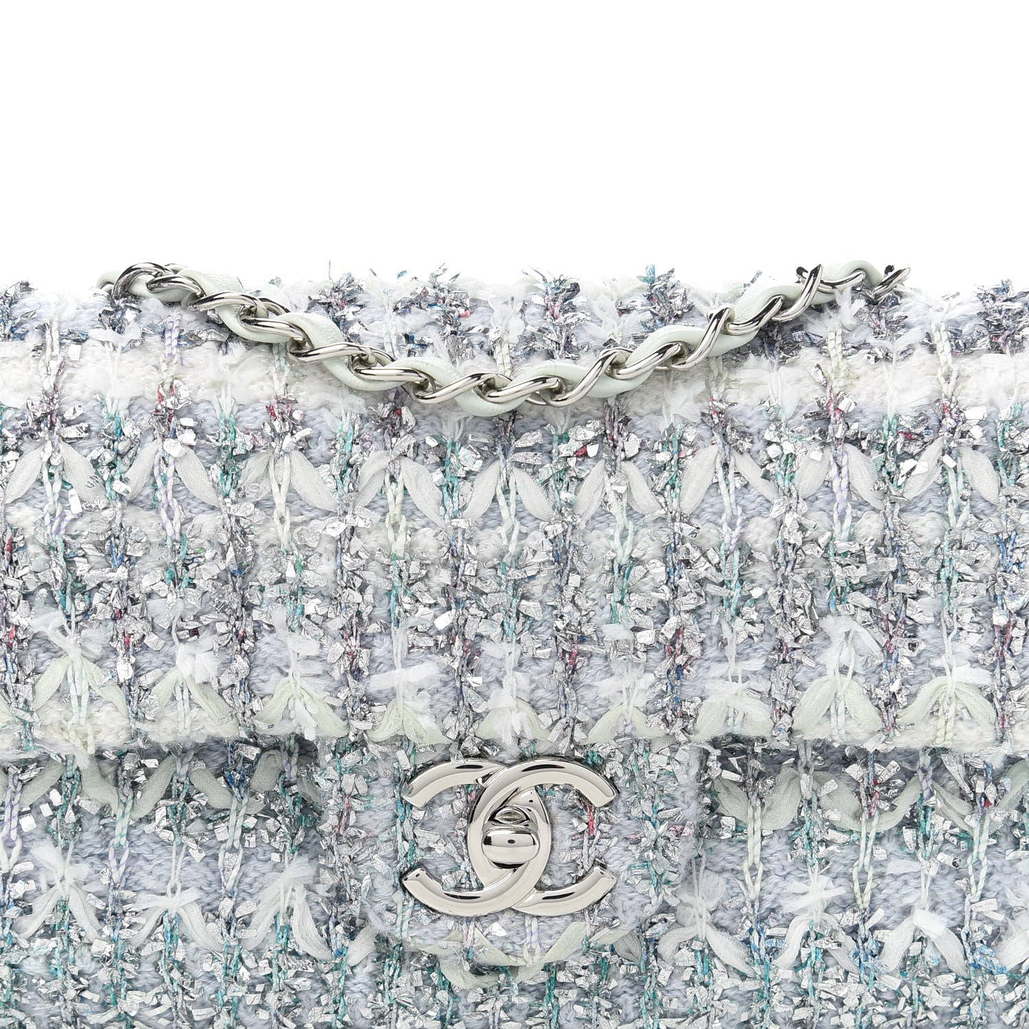 Chanel Tweed Quilted Mini Rectangular Flap Light Green Silver White 10 of 10